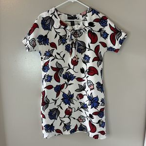 Grace Elements Floral Linen Blend Shift Dress Red Blue Lined Size Small